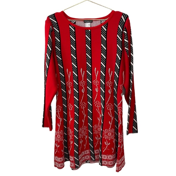 NWOT VENUS Red and Black Stripe and Floral Print Long Sleeve Sweater Swing Dress - Picture 1 of 6